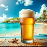 DALL·E 2023-11-12 13.09.42 - A high-quality image of a frothy, delicious-looking beer in a pint glass, set against a Caribbean backdrop. The beer should be golden in color, with a.png